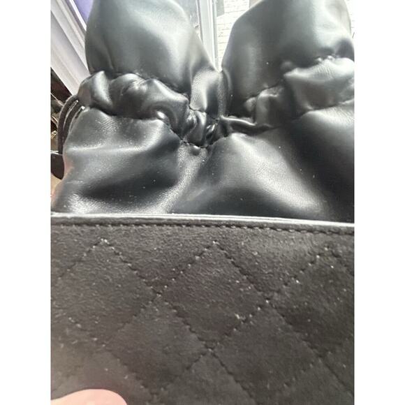 Quilted Mini Drawstring Shoulder Bag Black Pouch Gold Chain Crossbody - Picture 12 of 16